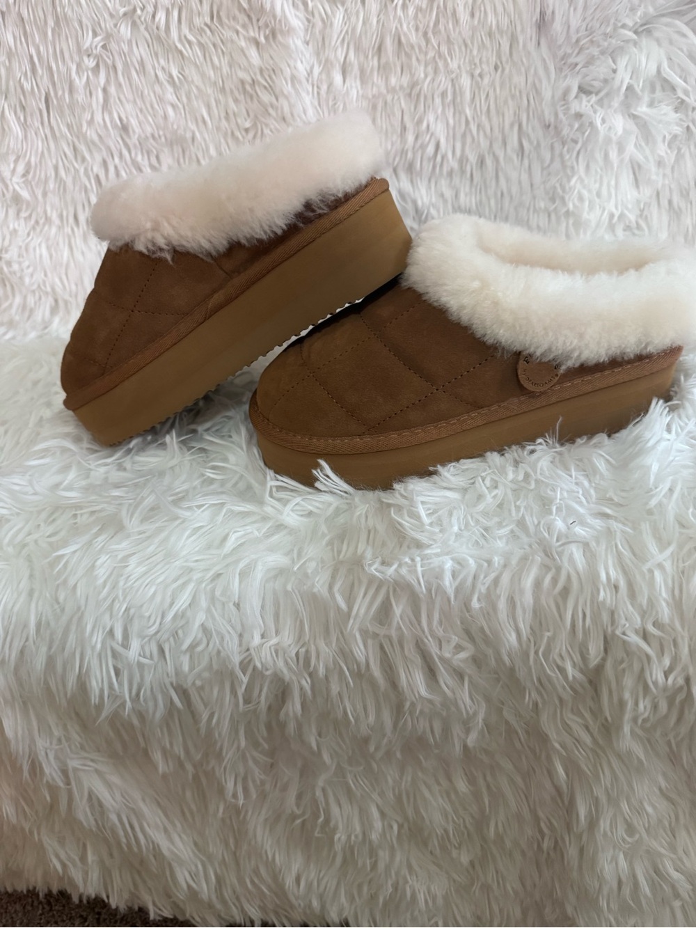 Fireside Quilted Suede Slippers with Plush Cream Shearling Trim - Picture 2 of 4